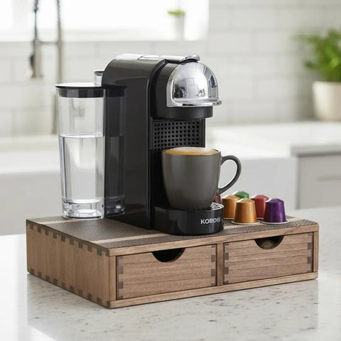 Coffee Pods Storage Drawer Organizer For Capsules Multi Function Desk And Kitchen Organizer For K Cups And Pods Wooden Box Chest Style Countertop Storage For Coffee Lovers with coffee machine on top