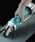 Hardcore 18 Volt Cordless Straight Shear No Sweat Metal Cutting cutting 16ga steel with handheld tool and soft grip.