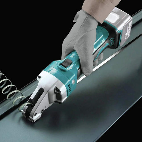 Hardcore 18 Volt Cordless Straight Shear No Sweat Metal Cutting cutting 16ga steel with handheld tool and soft grip.
