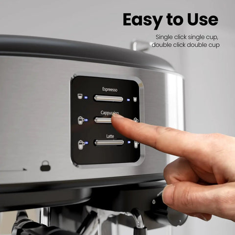 Pro Grade 20 Bar Compact Espresso Maker Featuring Automatic Milk Frother And Stainless Steel Frame control panel with finger pressing button