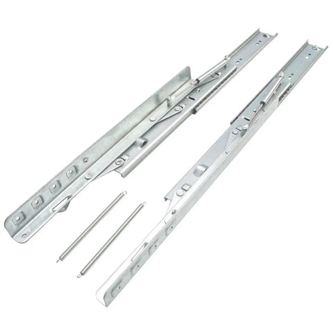 Rock Solid Heavy Duty Extendable Slide Rail Mechanism With Precision Lifting Hinge for square to round dining tables, silver finish.