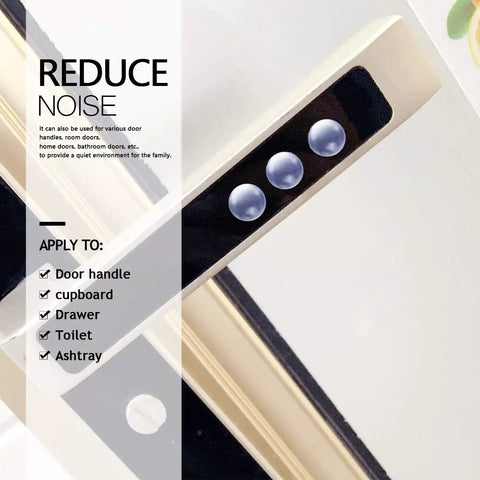 Clear Silicone Adhesive Bumper Pads Pack Of 100 For Drawers Cabinets Glass Tops Cutting Boards Frames And Small Furniture 8mm Round 4mm Thick Self Adhesive Cushions That Prevent Scratches Dings Marring Slippage applied on a door handle to reduce noise.