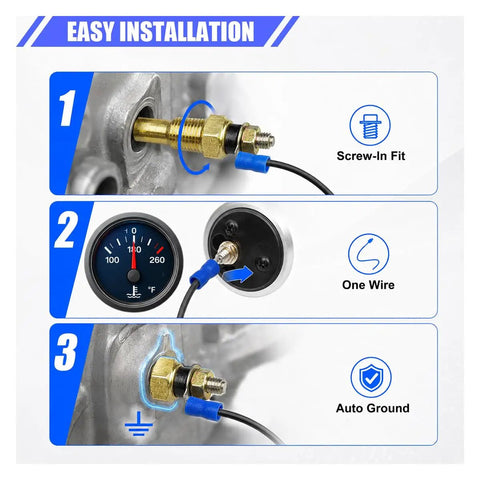 Universal Water Coolant Temperature Sensor 1/8 NPT Thread With Straight Up Plug And Play Install illustrated installation steps.