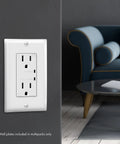 Surge Protector Receptacle With Grounding Indicator And Tamper Resistant Safety, 900 Joule Rating With Up To 1500 Joules Surge Protection installed in a living room.