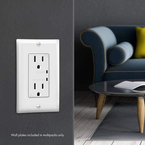 Surge Protector Receptacle With Grounding Indicator And Tamper Resistant Safety, 900 Joule Rating With Up To 1500 Joules Surge Protection installed in a living room.