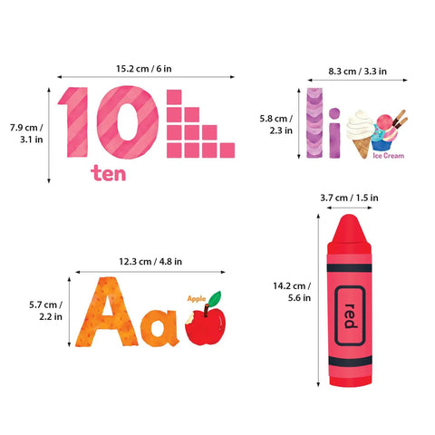 Animal Alphabet And Numbers Wall Decals Set For Kids Rooms Classroom Decor Peel And Stick Removable Letters ABC Educational Nursery Bedroom Playroom Decor Ideas - 10 and ice cream graphics with size measurements.
