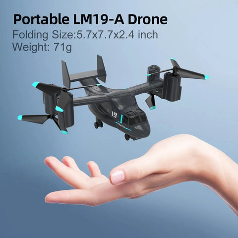 Portable LM19-A Drone in hand showing size, 5.7x7.7x2.4 inches, Grab And Go Beginner Friendly Drone With 720P HD Camera, FPV Live Video