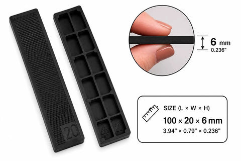 Pack Of Twenty Black 6mm Thick Plastic Shims For Glazing Blocks Framer Spacers And Door And Window Packers 20 By 100mm DIY Friendly Leveling And Gap Filler Kit For Home Improvement Projects shown with 100 x 20 x 6 mm plastic shim