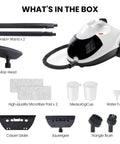 Heavy Duty Steam Cleaner Fast Heat Up One Point Five Liter Tank Multi Surface Tool Kit, includes mop head and accessories.