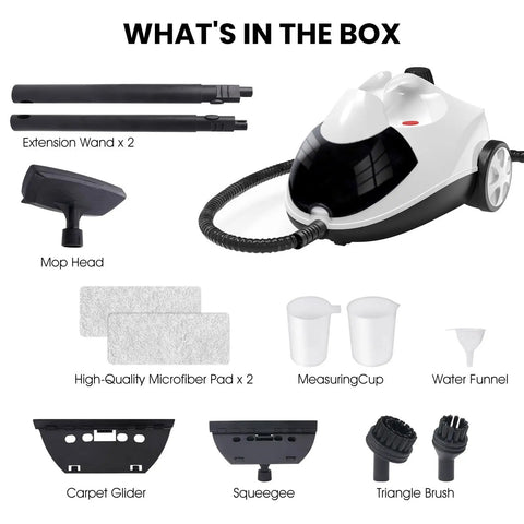 Heavy Duty Steam Cleaner Fast Heat Up One Point Five Liter Tank Multi Surface Tool Kit, includes mop head and accessories.
