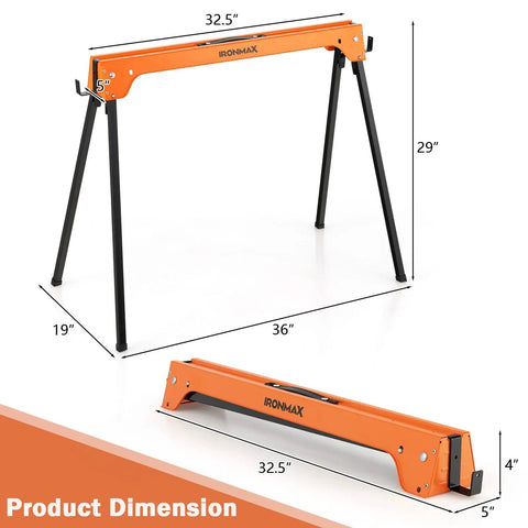 Heavy Duty Foldable Saw Horses 2 Pack Supporting 1322 Lbs With Toughened Steel Rig And Quick 2x4 Workbench Hooks dimensions displayed.