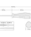Long Three Sixteenth Inch Slotted High Torque Screwdriver With Three Sided Handle For Max Power And Smooth Speed dimensions diagram