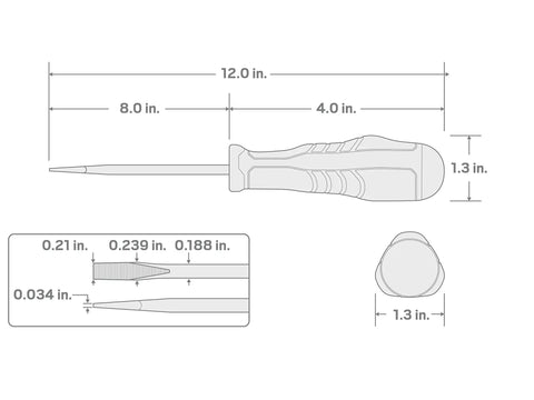 Long Three Sixteenth Inch Slotted High Torque Screwdriver With Three Sided Handle For Max Power And Smooth Speed dimensions diagram