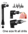 Flexible Drill Bit Extension Set with Magnetic Bit Holder, 105 and 360 Degree Right Angle Adapters, shown with bits and hand.