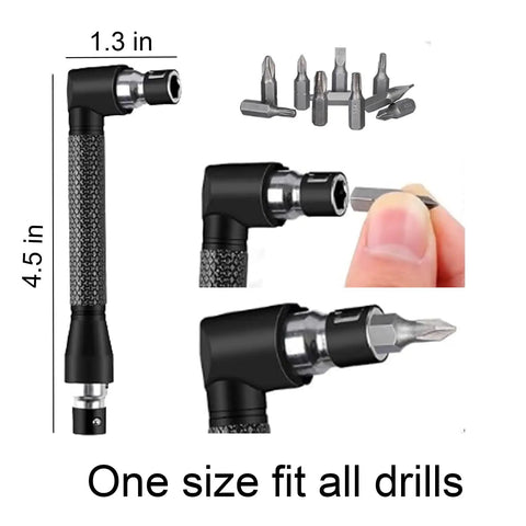Flexible Drill Bit Extension Set with Magnetic Bit Holder, 105 and 360 Degree Right Angle Adapters, shown with bits and hand.