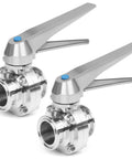 Two 2-inch sanitary stainless steel butterfly valves with tri-clamp ends and trigger handles