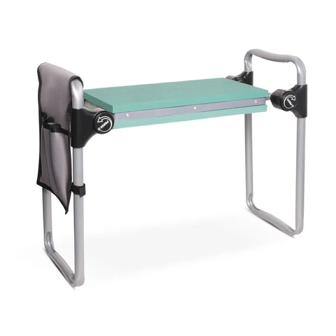 Two In One Garden Kneeler And Seat Bench Foldable Workseat with 8in wide EVA foam pad and detachable tool pouch shown folded.