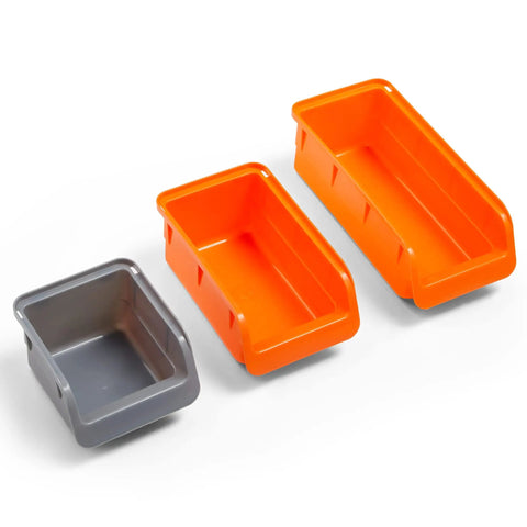 Orange and gray bins from 44 Piece Wall Mounted Pegboard Kit With Bins And Panel Set For Garage And Shop Storage Rack And Tool Organizer