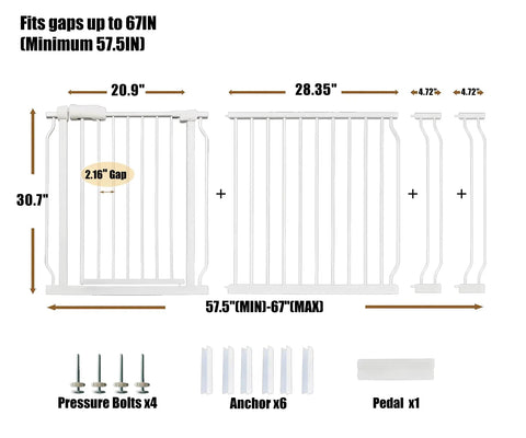 Extra Wide Baby Gate For Stairs And Doorways Fits 67 To 71.5 Inches No Drilling Pressure Mounted Pet Gate For Kids And Dogs 30 Inches High With 2.16 Inch Narrow Spacing Durable Easy To Use showing components and measurements