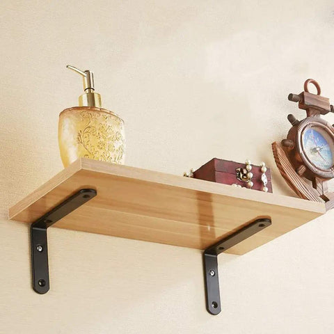 Ultra Strong Black L Brackets Wall Mounts Rock Solid Corner Shelf Supports Rust Proof Iron Braces Quick Setup Kit For Diy Floating Shelves And Home Storage Goals holding wood shelf with decorative items.