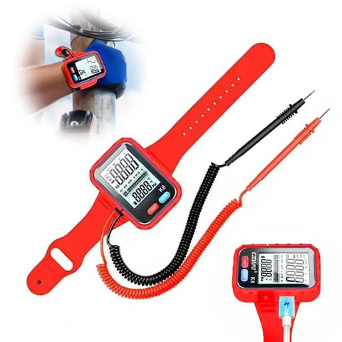 Pro Grade Digital Multimeter With Auto Range And Backlight Portable Handheld Meter For Electricians shown with probes and wrist strap