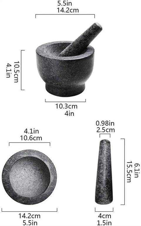Granite Mortar And Pestle Set For Grinding Spices And Herbs Like A Boss, dimensions displayed in inches and centimeters