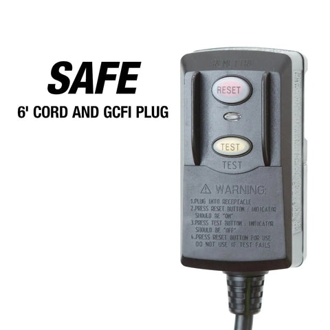 Safety plug with reset and test buttons on the Beastly 30 Inch Indoor Oscillating Wall Fan With 9500 CFM Max, 90 Degree Mount, 6 Ft UL Listed Cord.