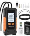 Pro Grade Dual Port Digital HVAC Manometer for gas pressure testing, shown with adapters and packaging, 101 to 200 kPa range, backlit display