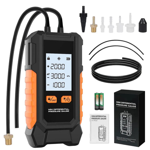 Pro Grade Dual Port Digital HVAC Manometer for gas pressure testing, shown with adapters and packaging, 101 to 200 kPa range, backlit display