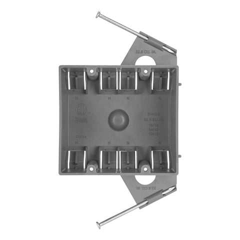 Top view of 2-Gang Non-Metallic PVC New Construction Junction Box With 32.5 Cu In Capacity, nail-on J-Box, gray, 10 pack