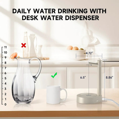 5 Gallon Water Dispenser For Desktop Use with USB C fast charging beside glass jug and kitchen scene