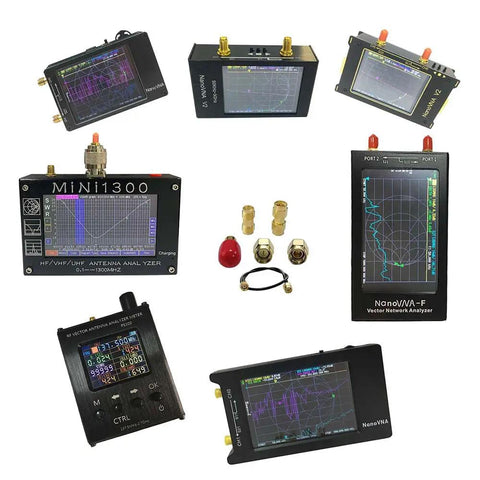 Pro Grade SMA Calibration Kit For Antenna And Vector Network Analyzers Up To Six Gigahertz Includes Short Load Open Through Jumper F2F And M2M Coaxial Test Connectors For Precise NanoVNA And Similar Devices 50 Ohm with various analyzers and connectors visible.