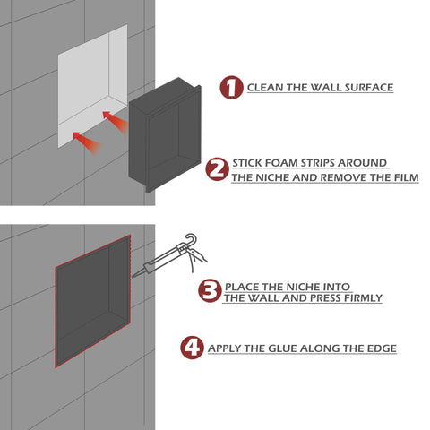 Installation steps for Recessed Shower Niche Insert Stainless Steel Square Wall Organizer For Shampoo And Bathroom Essentials