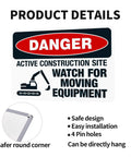 Construction Site Moving Equipment Warning Sign 8 By 12 Inches Aluminum Safety Notice for Garage Street Renovation details.