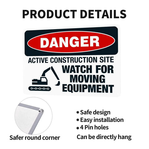 Construction Site Moving Equipment Warning Sign 8 By 12 Inches Aluminum Safety Notice for Garage Street Renovation details.