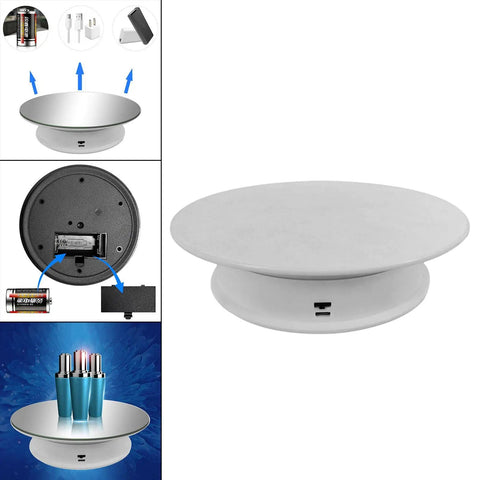 Super Cool 8 Inch Electric Rotating Display Stand With Two Speed Modes, showing USB powered turntable with mirror and suede base.