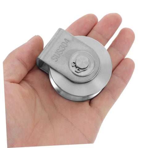 Hand holding Two Pack Stainless Steel Pulley Wheel With Bearing, Heavy Duty Industrial Door Track Crane Roller For Gym Equipment.
