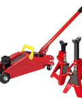 2 Ton Hydraulic Floor Jack With Two Jack Stands, Heavy Duty Steel Lift Set For Cars, Trolley Style Jack in red