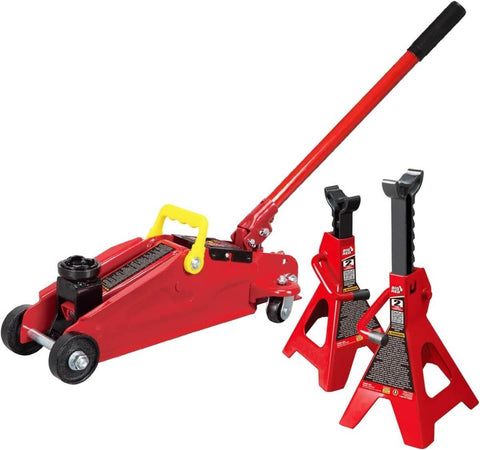 2 Ton Hydraulic Floor Jack With Two Jack Stands, Heavy Duty Steel Lift Set For Cars, Trolley Style Jack in red