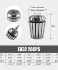 26 Piece ER32 Spring Collet Set For CNC Engraving Milling Lathe Tools 1/32 To 13/16 Inch Range Beefy 40Cr Spring Steel chart