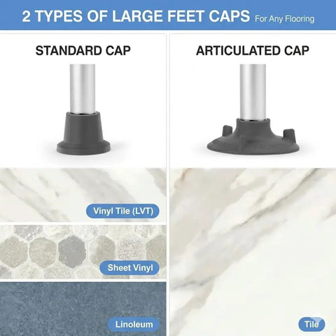 Image showing 2 types of large feet caps: Standard Cap and Articulated Cap for No Sweat Setup Heavy Duty Toilet Safety Rails.