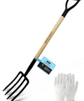 Heavy Duty 45 Inch Garden Fork with 4 Tines and Forged Steel Y Grip, Wooden Handle, Includes Gloves, Ideal for Tough Soil