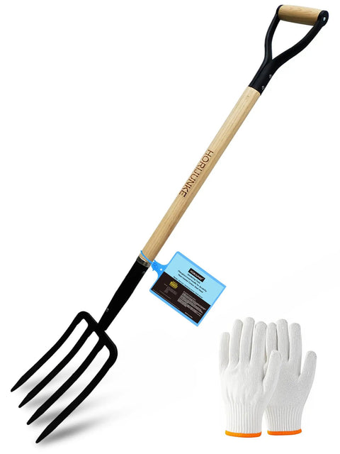 Heavy Duty 45 Inch Garden Fork with 4 Tines and Forged Steel Y Grip, Wooden Handle, Includes Gloves, Ideal for Tough Soil