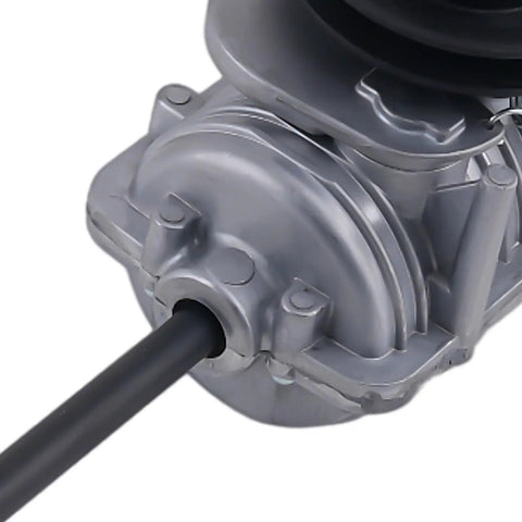 Beefed Up Transmission Assembly For Toro Timemaster 30 Inch Mowers Replacement Replaces 131-9665 120-5211 127-0656 130-2388 130-6670 With Pulley Included Heavy Duty Gearbox Upgrade. Gray metal mower transmission with drive shaft and pulley
