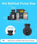 Heavy Duty 1 Point 5 Horsepower Bath Pump And Hot Tub Replacement Motor At 110 Volts With One Point 5 Inch Port dimensions and sizes displayed.