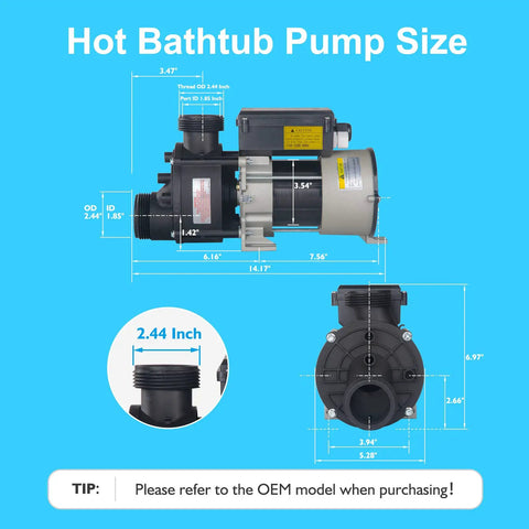 Heavy Duty 1 Point 5 Horsepower Bath Pump And Hot Tub Replacement Motor At 110 Volts With One Point 5 Inch Port dimensions and sizes displayed.
