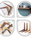 Heavy Duty L Corner Braces With Authentic Wood Grain Finish in various angles and colors for DIY wall shelf setups.