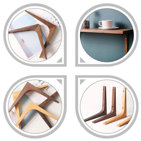 Heavy Duty L Corner Braces With Authentic Wood Grain Finish in various angles and colors for DIY wall shelf setups.