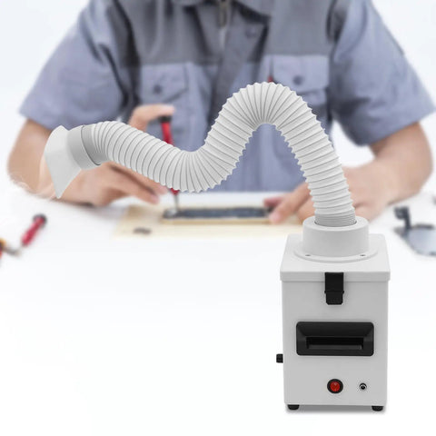 Game Changing Soldering Fume Extractor Benchtop Smoke Purifier With HEPA Carbon Filter, flexible hose for smoke removal on workbench.