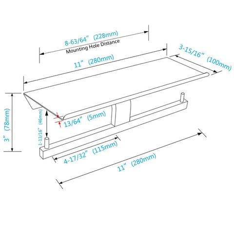 Technical dimensions of Dual Roll Toilet Paper Holder With Phone Shelf In 304 Stainless Steel Rust Proof Brushed Gold Finish.